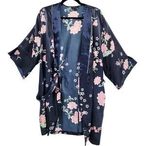 Jones New York Black Floral Multicolored Satin Belted Pockets Robe Women's L/XL